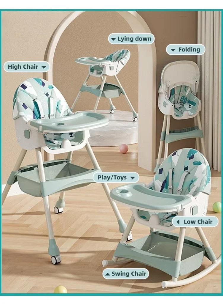 HOOKOR 6-in-1 Baby High Chair Foldable Feeding Seat with Double Removable Tray and Wheels (Adjustable, Toddler) u1ypv