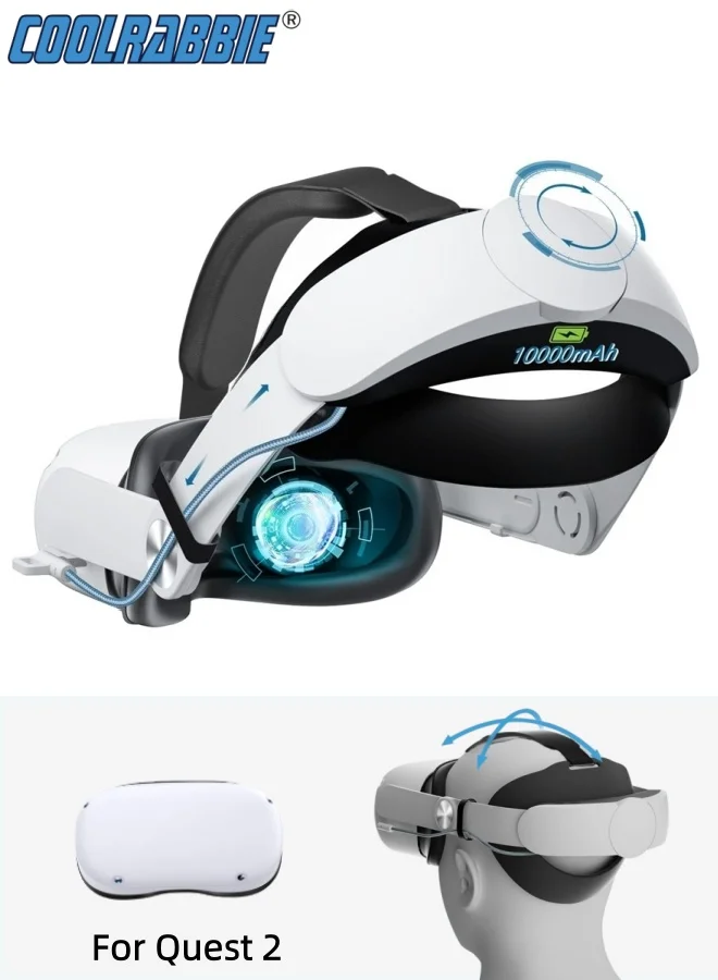 CoolRabbie Adjustable VR Head Strap with 10000mAh Battery Pack for Extended Gaming Comfort (Black, 10000mAh) 2112v