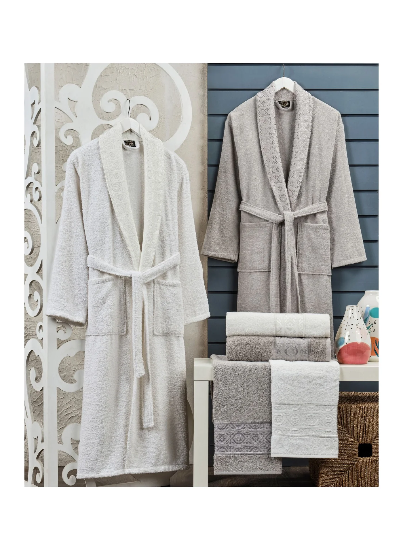 Villa Paris 6-Piece Turkish Terry Cotton Jacquard Bathrobe Set (Grey/Off White, 420 GSM) c8aa6
