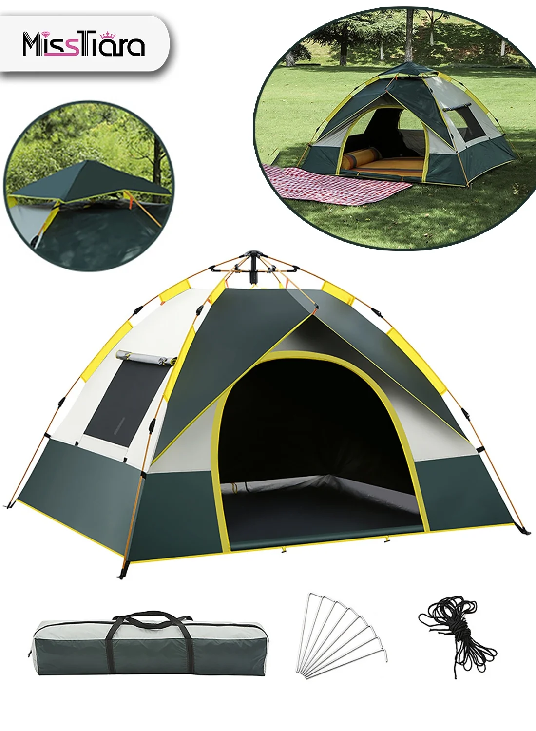 MissTiara Camping Tent for 3-4 People (Silver, 210cm x 210cm) Waterproof UV Protection Outdoor Shelter for Hiking and Beach Travel mgm94
