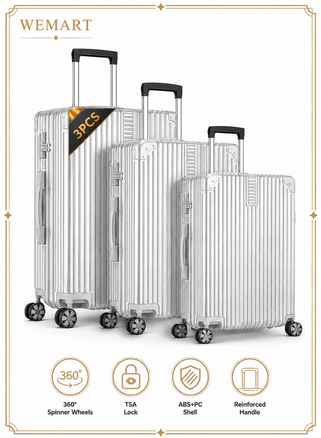 WEMART 3-Piece Hardshell Luggage Set (PC+ABS) Durable Travel Suitcases with Universal Wheels (Silver, 20-inch 24-inch 28-inch) fssip