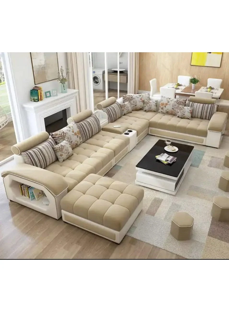 Al Zakharef Furniture Luxury U-Shaped Modular Sofa Set (Tan) - Velvet Fabric Sectional Couch with Solid Wood Frame and Storage Armrest 7avo7