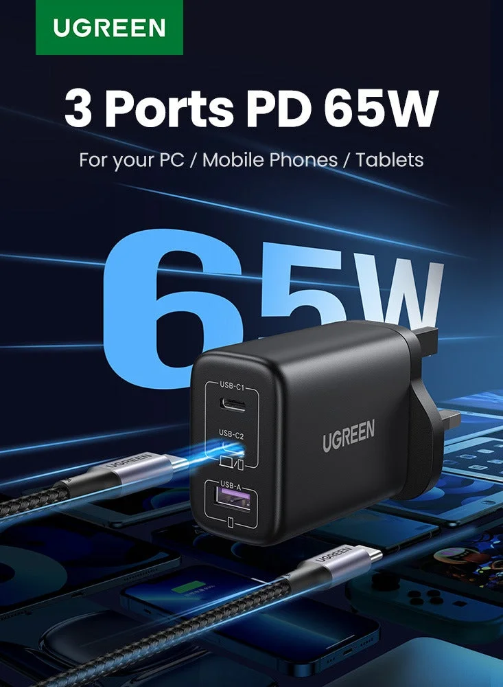 Ugreen 65W GaN Fast Wall Charger 3-Port USB-C and USB-A Power Adapter for Smartphones and Tablets (65W, 3-Port) g62j6