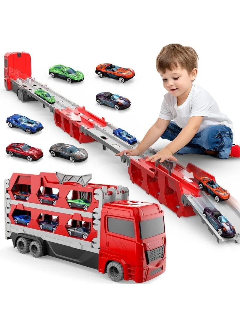 GZYIZHOU Transport Truck Toy with 6 Mini Cars, Expandable Ejection Race Track Carrier, Foldable Storage Deformable Catapult Vehicle Playset (Red, 1.64m) 55f5w