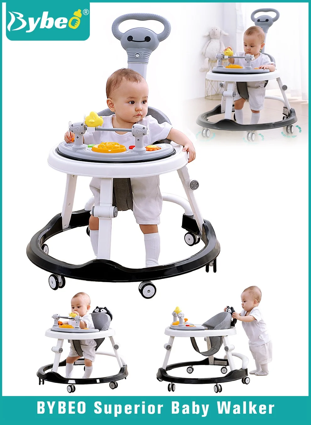 Bybeo 3-in-1 Baby Walker with Parent Push Handle and Detachable Trampoline Mat (Adjustable Height, Unisex) wsytp