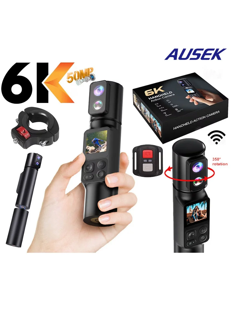 AUSEK 6K Action Camera Dual Lens Vlogging Device with 350¡ã Rotating Lens and 6-Axis Stabilizer (5200mAh Battery) 7xd83