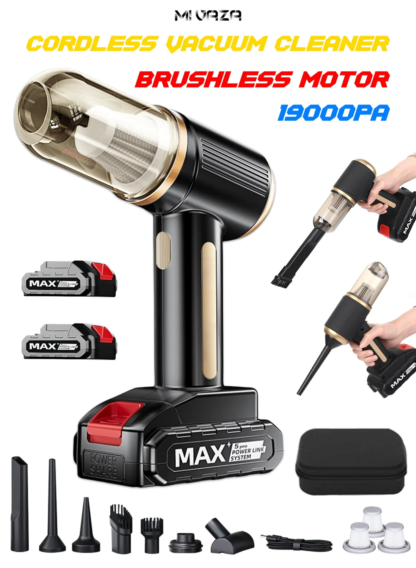 Mi VAZA Cordless Handheld Vacuum Cleaner 19000Pa Portable Electric Broom with Dual Batteries and Storage Bag for Car Home and Office mhye2