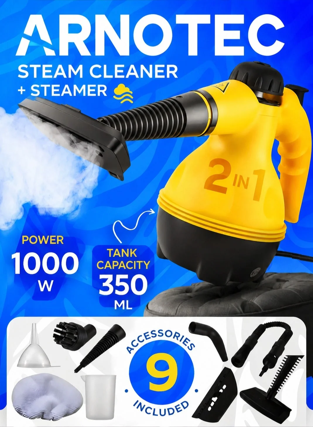 ARNOTEC Portable Handheld Steam Cleaner 1000W High Temperature Multi-Surface Sanitizer with 9-Piece Accessory Set for Kitchen Bathroom and Upholstery v4hhs