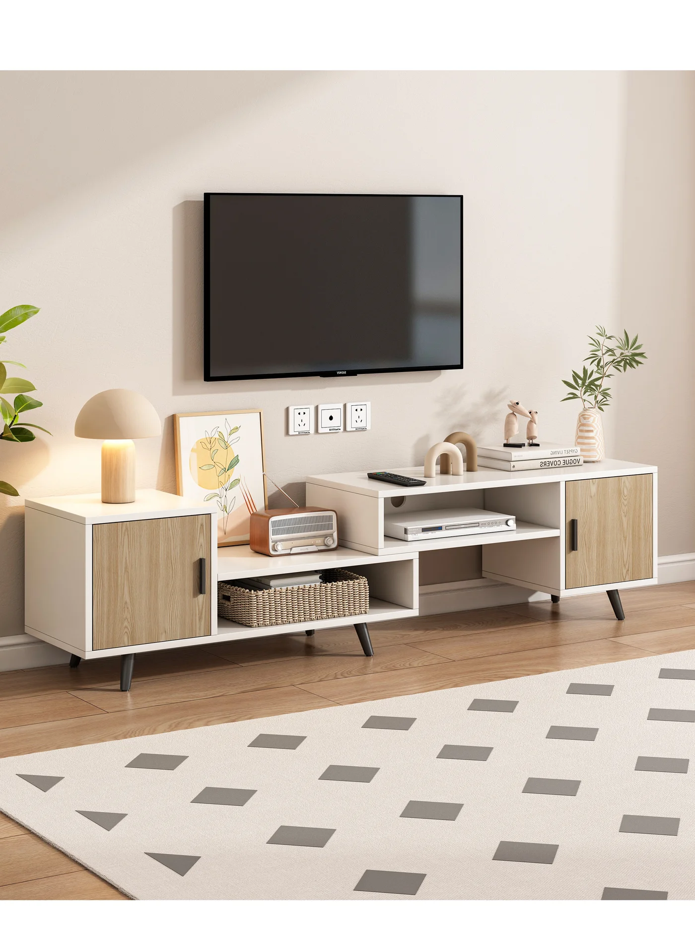 FAMAPY Deformable TV Stand 2-Piece Entertainment Center with Open Storage Shelves and Cabinet (White, 140 x 40 x 50 cm) b6of6