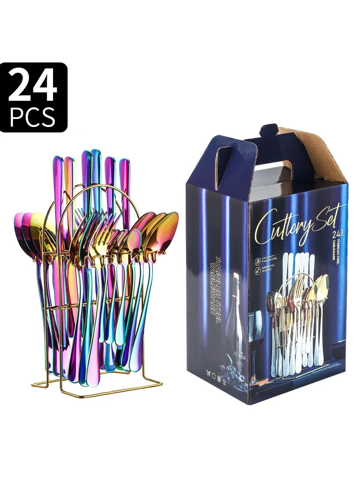 Huitich 24-Piece Stainless Steel Cutlery Set with Stand (Rainbow Finish, 24-Piece) 7vndc