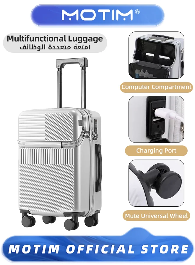 Motim Premium Aluminum Framed Carry-On Luggage with Laptop Compartment and USB Port (Silver, 55 cm) it258