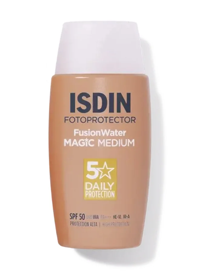 ISDIN Fusion Water Magic Tinted Sunscreen SPF 50 (Medium, 50 mL) Daily Face Protection with Hyaluronic Acid for Natural Coverage a7cl2