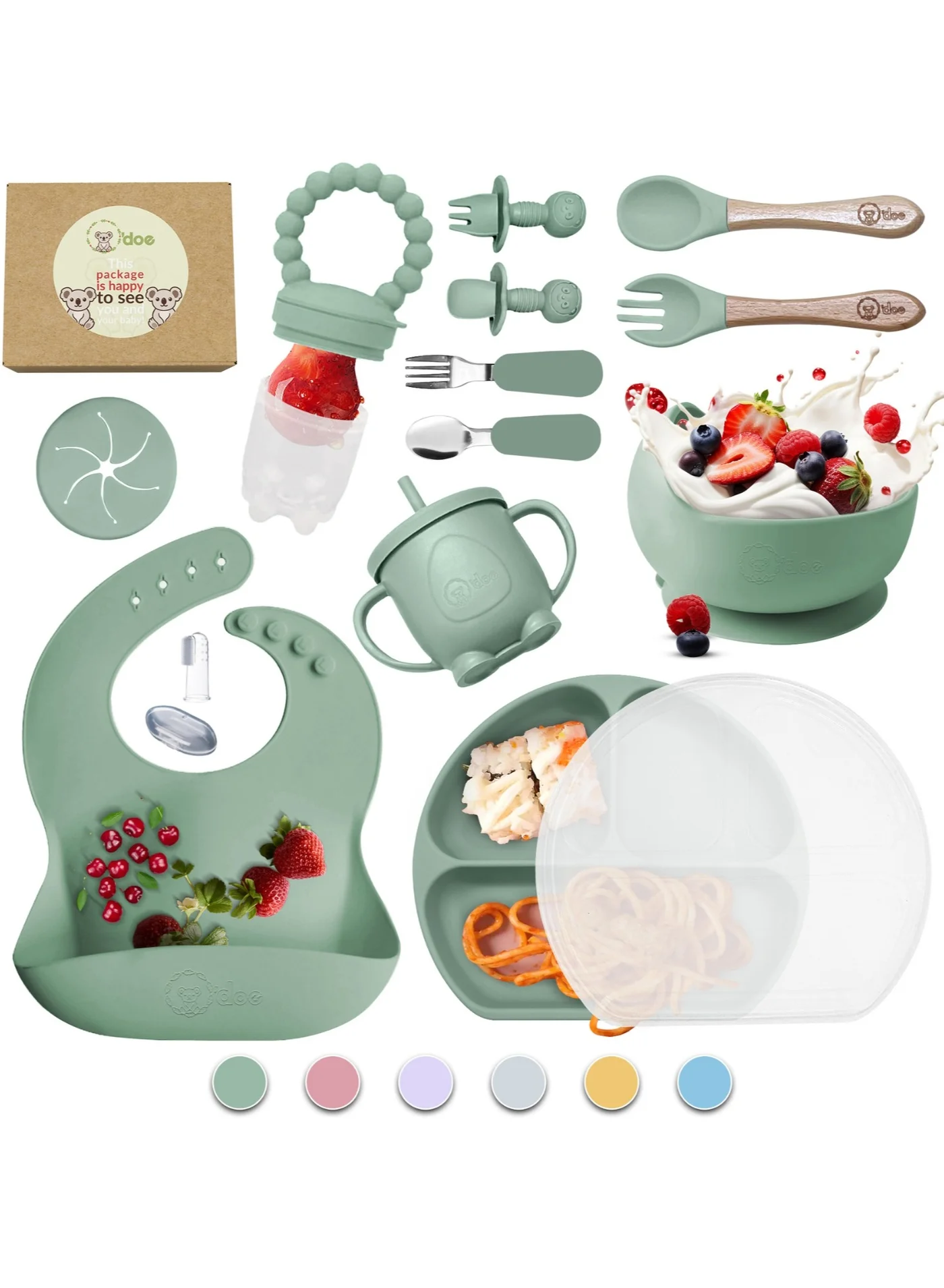 O'doe Baby Feeding Set Silicone Suction Bowl and Utensils Kit for Toddlers (17-Piece Set) d8nhv