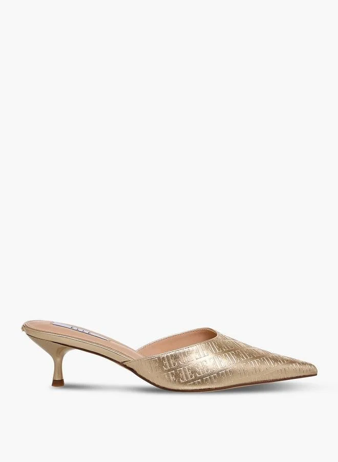 ELLE Monogram Embossed Kitten Heel Mules Premium Slip-On Sandals for Women (Beige, 38 EU) idzvt