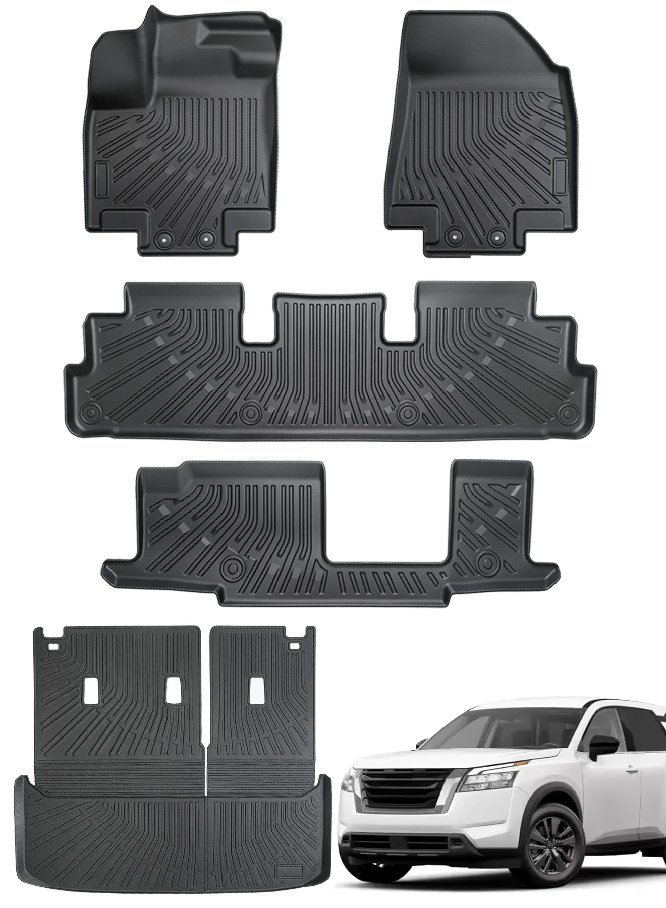 Delehehe All-Weather Floor Mats and Cargo Liner Set for 7 and 8 Seater SUVs (Black, 3-Piece Set) mwaf9