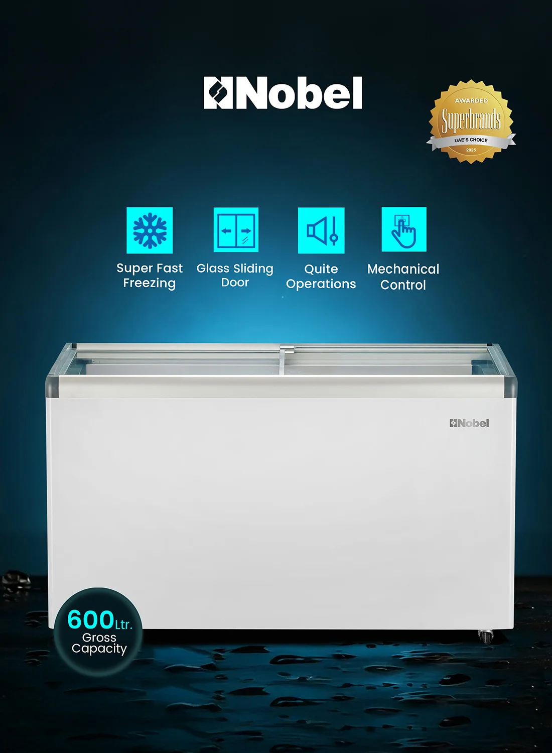 Nobel Sliding Door Freezer with Double Glass Doors, Quick Cooling System, Adjustable Thermostat, LED Lighting, Lock and Key (White, 600 L) uzn8b
