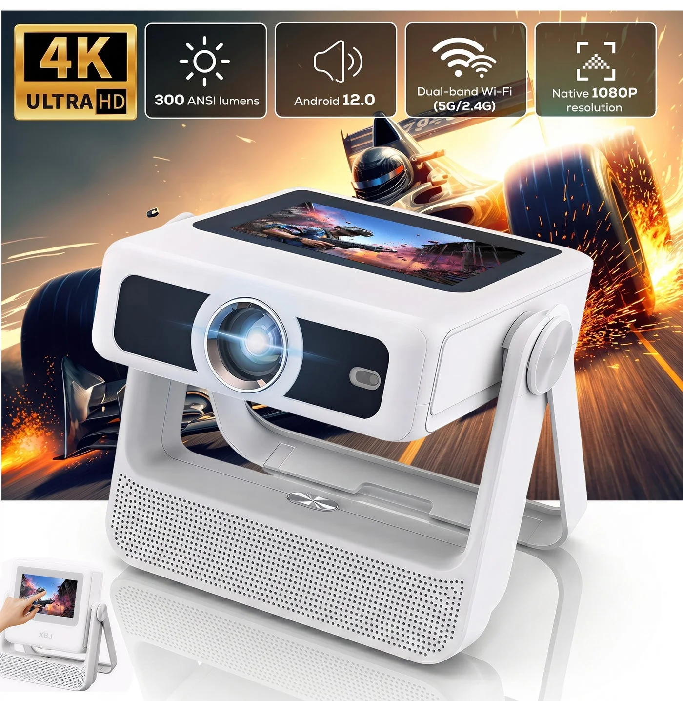 HAMMINER A5 Pro Smart Portable Projector Native 1080P 4K Supported HD Home Theater Projector with 180 Degree Rotation Dual Wi-Fi Android 12.0 (300 ANSI Lumens) wea8w