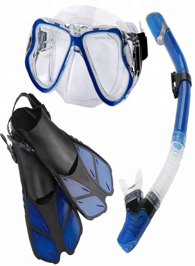 Olpad Snorkel Mask Fins Set Premium Scuba Diving Gear with Adjustable Swim Fins and Dry Top Snorkel for Adults (Blue, One Size) f69s2