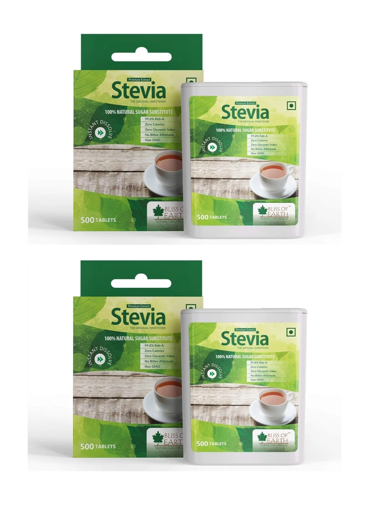 Bliss Of Earth Stevia Sweetener Tablets Zero Calorie Keto Friendly Sugar Substitute (Pack of 2, 1000 Tablets) e40g7
