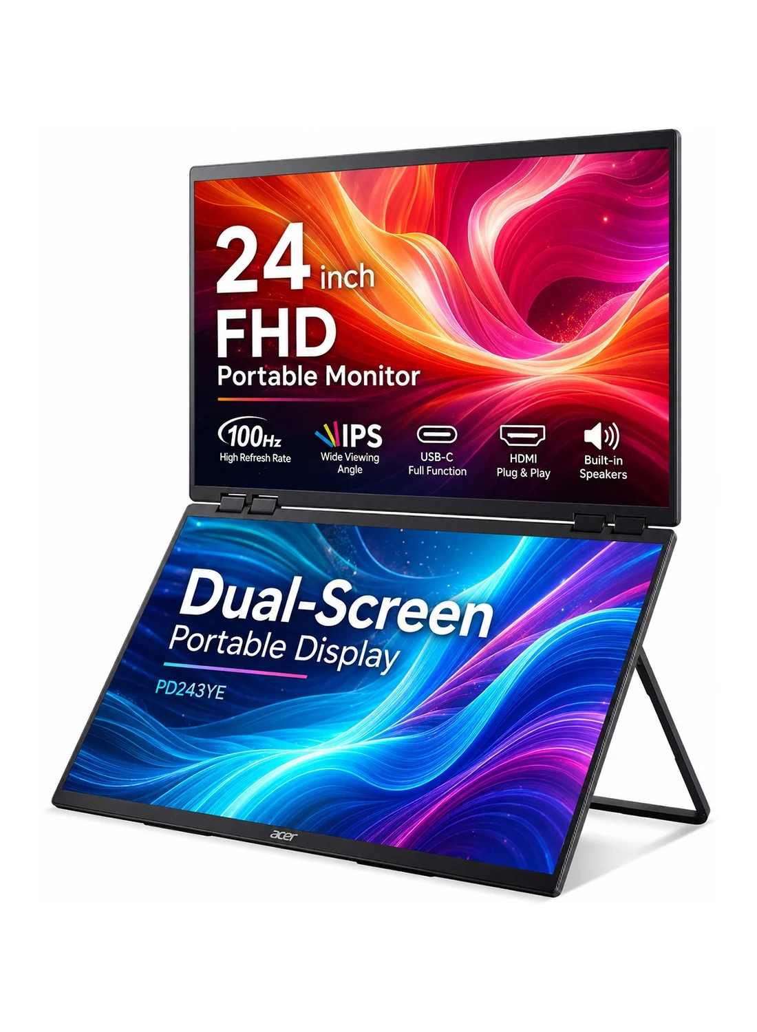 Premium Portable Monitor 24-inch FHD IPS Display (100Hz, USB-C, HDMI, Built-in Speakers, Black) 34cuq