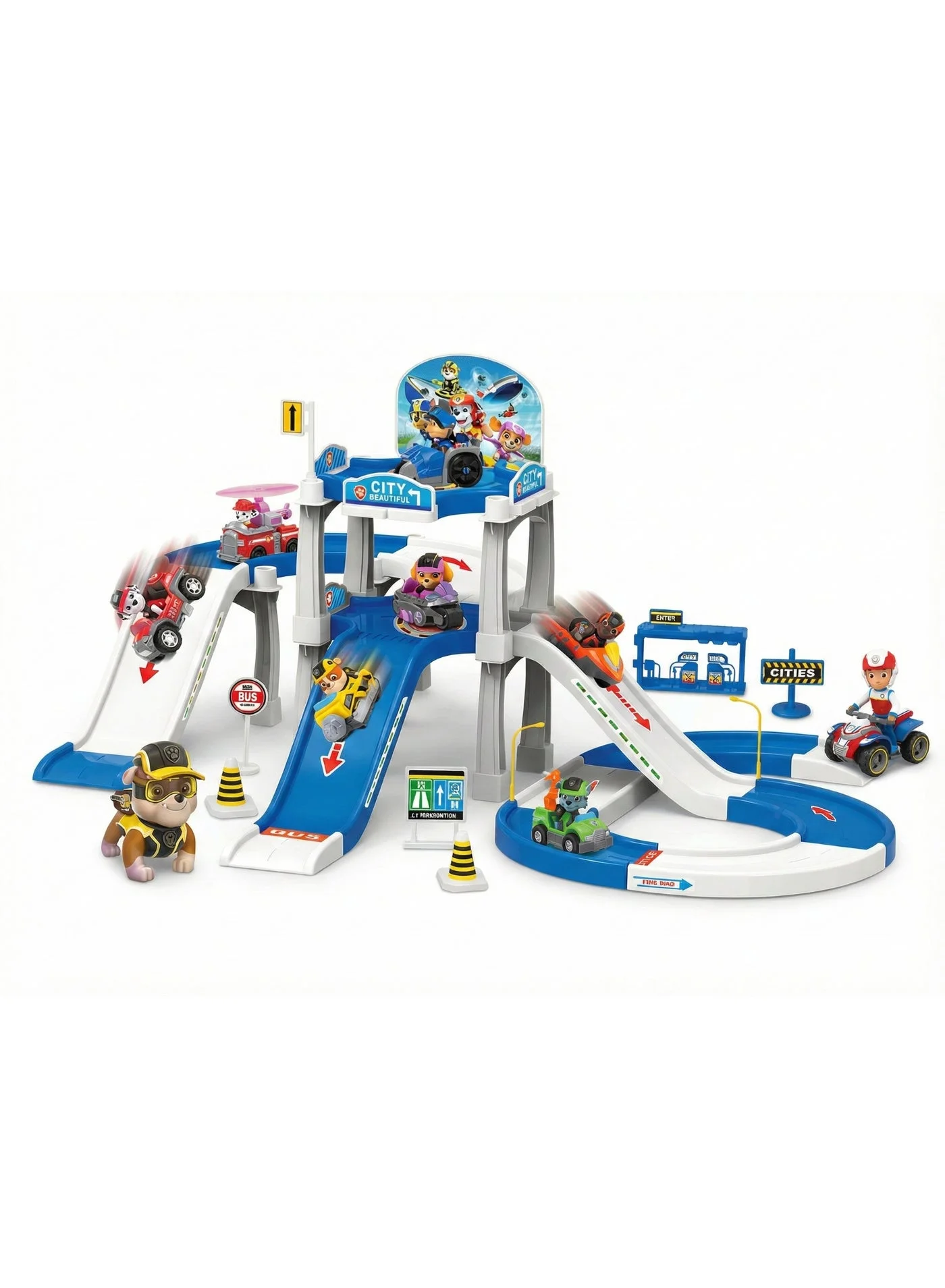 REZZOSS 3-Level Parking Garage Playset with Slide Ramps and Rescue Vehicles (Multicolor, 1 Set) tvox3
