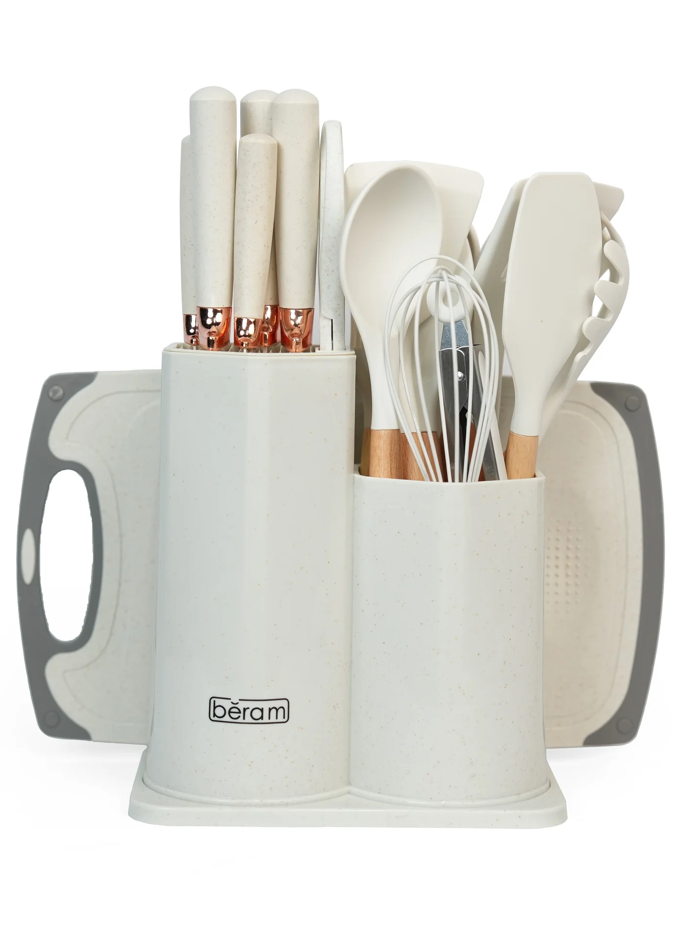 Premium 19-Piece Kitchen Knife and Cooking Utensil Set with Heat-Resistant Silicone and Wooden Handles (19 Pieces) lmxkb