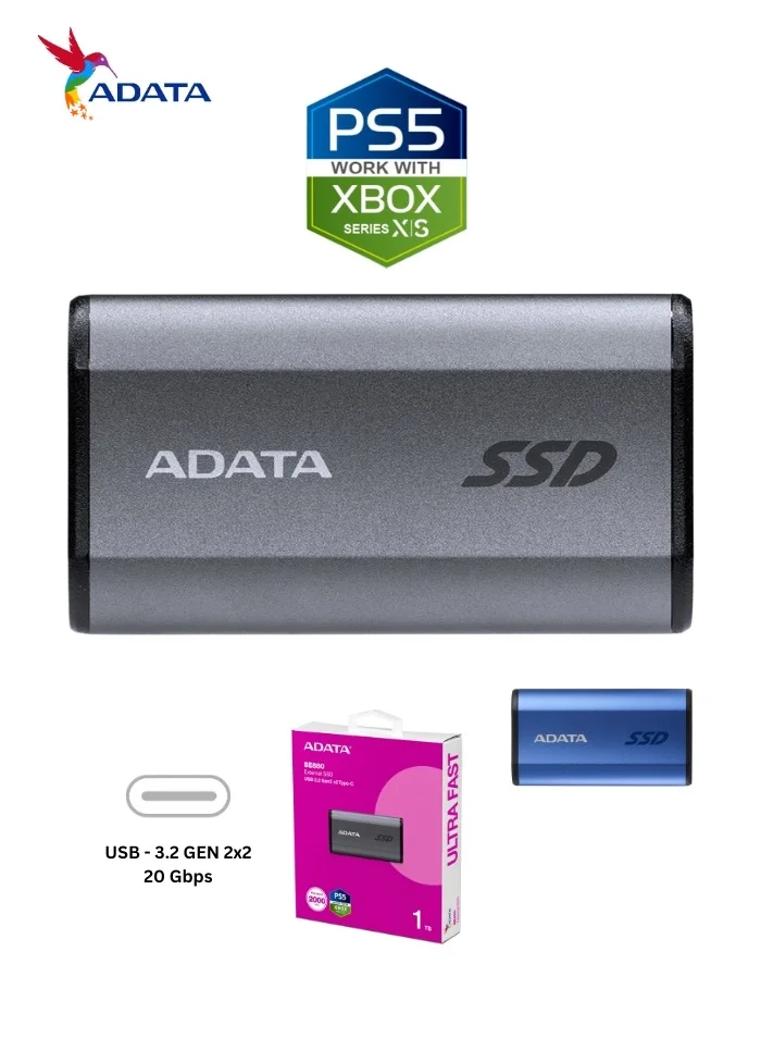 ADATA SE880 Portable External SSD (1TB, Silver) Ultra Fast Solid State Drive for Gaming and Data Storage 1wmb6