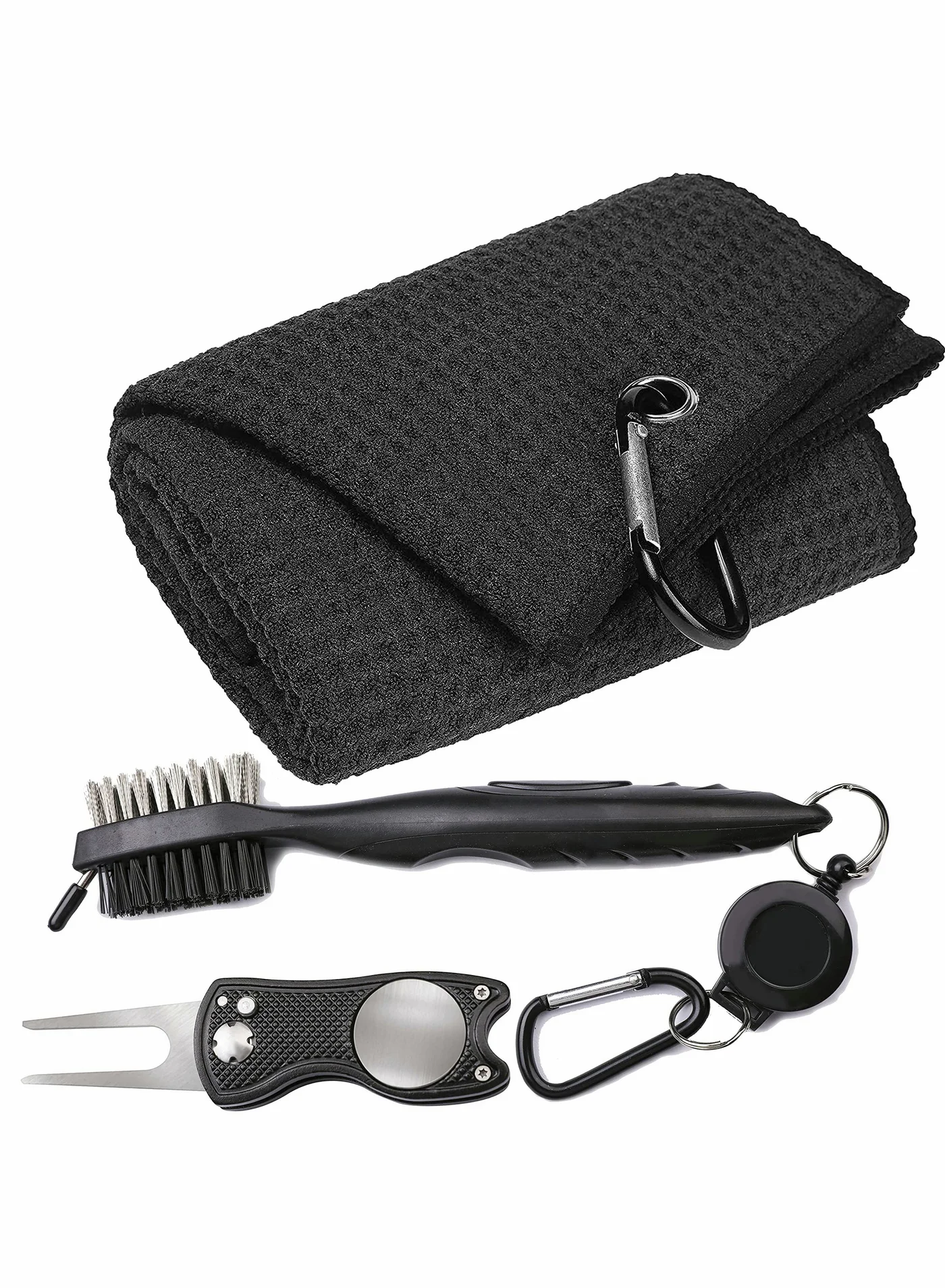 SYOSI Golf Accessory Set with Microfiber Waffle Towel, Club Brush, and Divot Tool (Black, 40 cm x 60 cm) x3ccz