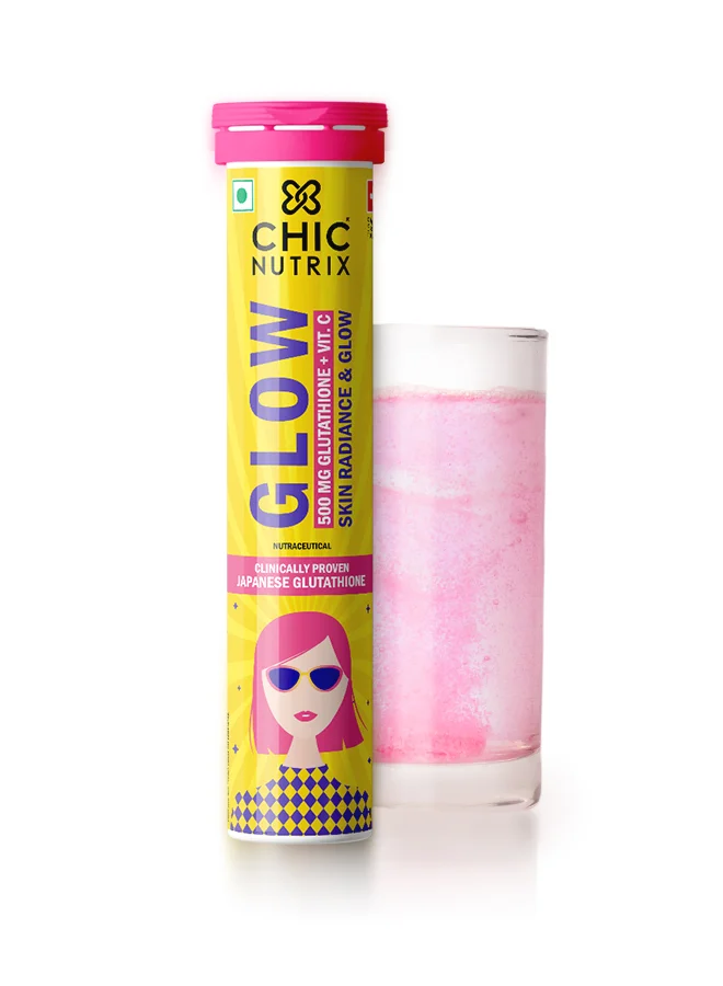 CHICNUTRIX Glow Japanese Glutathione and Vitamin C Effervescent Tablets for Skin Radiance (Strawberry-Lemon, 20 Tablets) ees9c