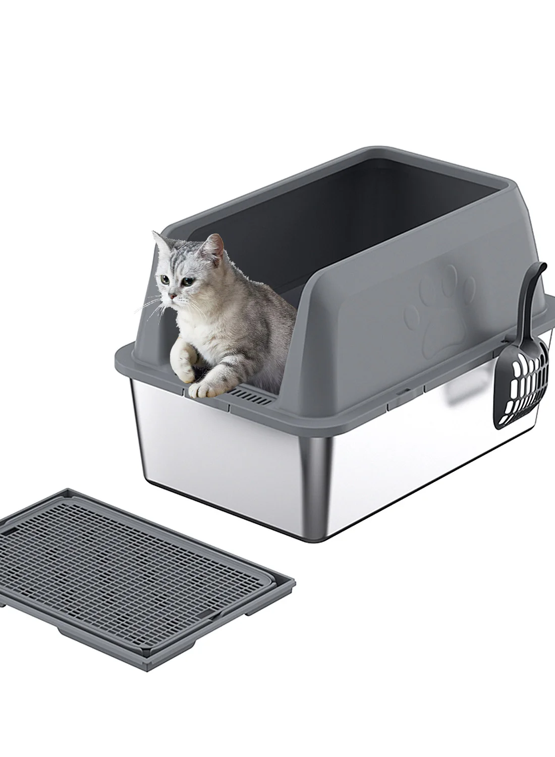 Kidle Large Stainless Steel Cat Litter Box with Scoop High-Wall Anti-Splash Tray (Silver, 60x40x15cm) s8guj