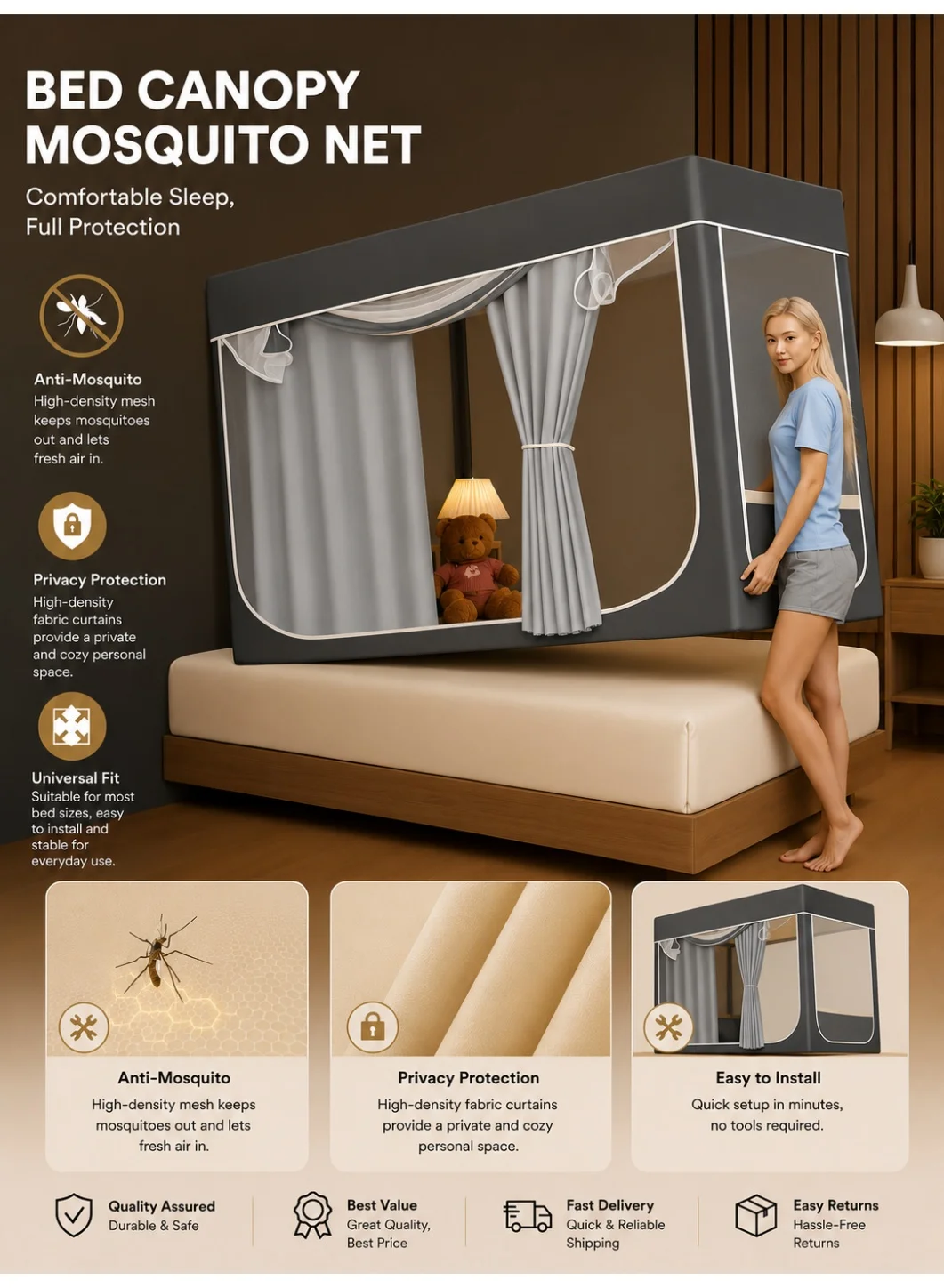 DEONy. Bed Canopy Privacy Curtain Blackout Shading Cloth for Single Bed (Black, 190 x 90 cm) 611r3