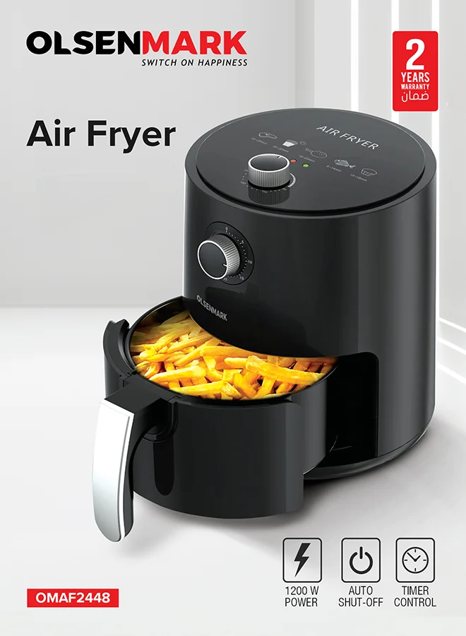 Olsenmark Automatic Air Fryer with Rapid Air Technology, Non-Stick Basket, Adjustable Temperature & Timer (Black, 2.5 L, 1200 W) h9e56