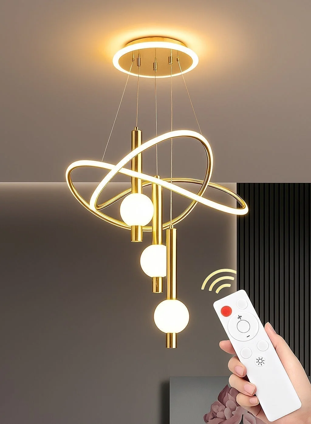 AL THURAYAT Modern Gold LED Chandelier with 3 Globe Lights and Intersecting Rings (60 cm) dd0dw