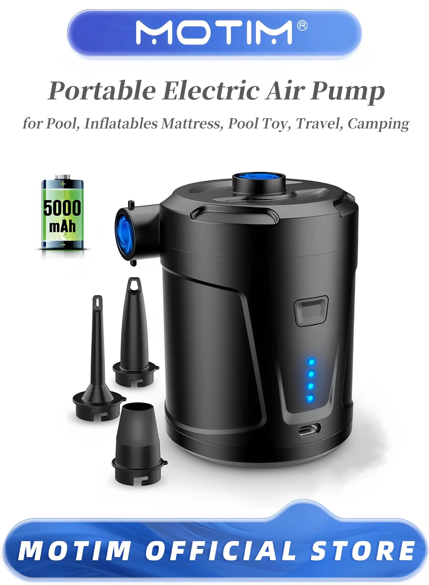 Motim Portable Electric Air Pump with USB Quick Charging for Inflatables (5000mAh, Black) c55sk