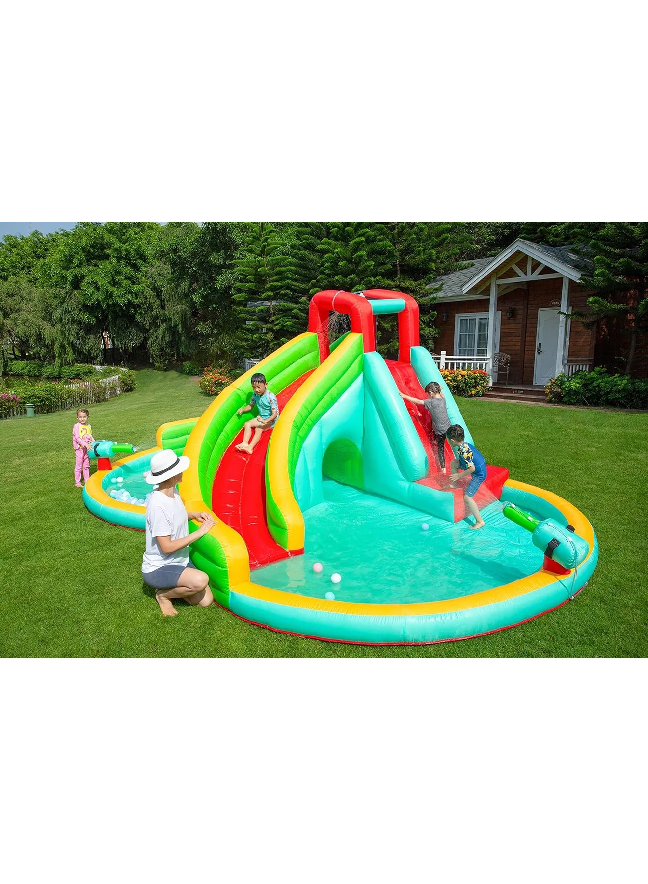 MONOGUE Inflatable Twin Water Slide with Tunnel Double Splash Lane for Outdoor Backyard Play (Kids, 300 cm x 150 cm) 5rtx8