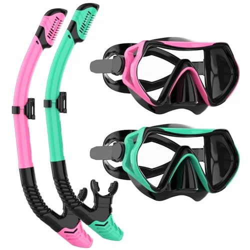 JRing Snorkeling Mask and Dry Top Snorkel Set with 180 Degree Tempered Glass Lens (Pink and Green, Adult) r0psm