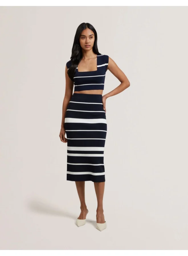 Premium Striped Bodycon Knit Skirt Elegant High-Waist Midi Fit for Women (One Size) hiya7