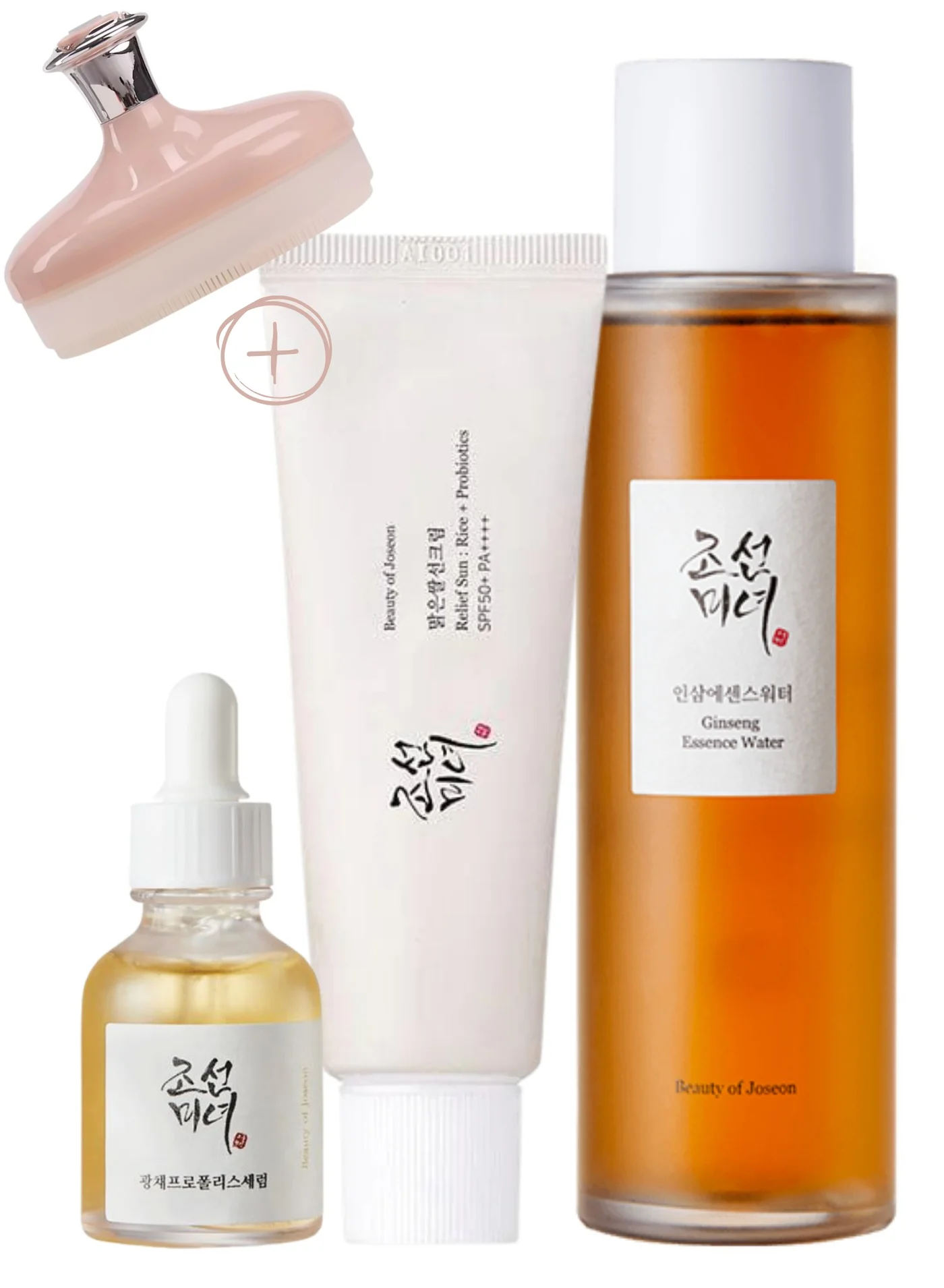 Premium Skincare Trio Set with Face Scrubber - Ginseng Essence Toner, Brightening Glow Serum, and Rice Probiotics SPF50+ Sunscreen (230 mL) 12mvr