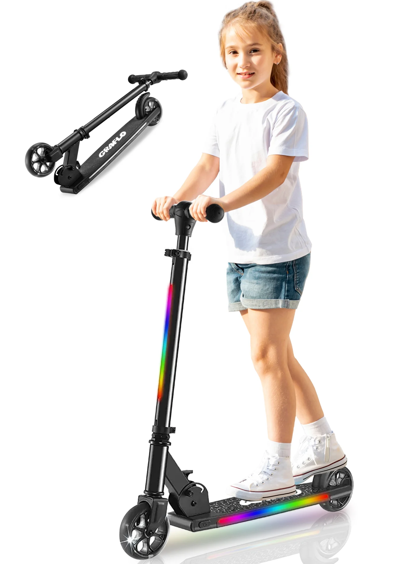 GRAFLO 2-Wheel Kick Scooter for Kids - Collapsible Portable Design with RGB LED Lights - Adjustable Handlebar & Rear Brake (68kg Capacity) dhars