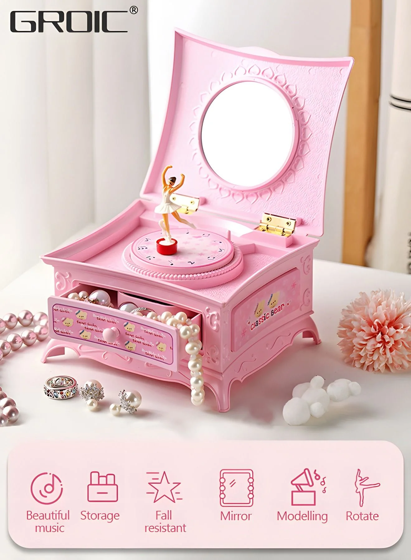 GROIC Musical Jewelry Storage Box with Spinning Ballerina and Mirror (Kids Jewelry Organizer, Pink, 15 cm) c5lvq