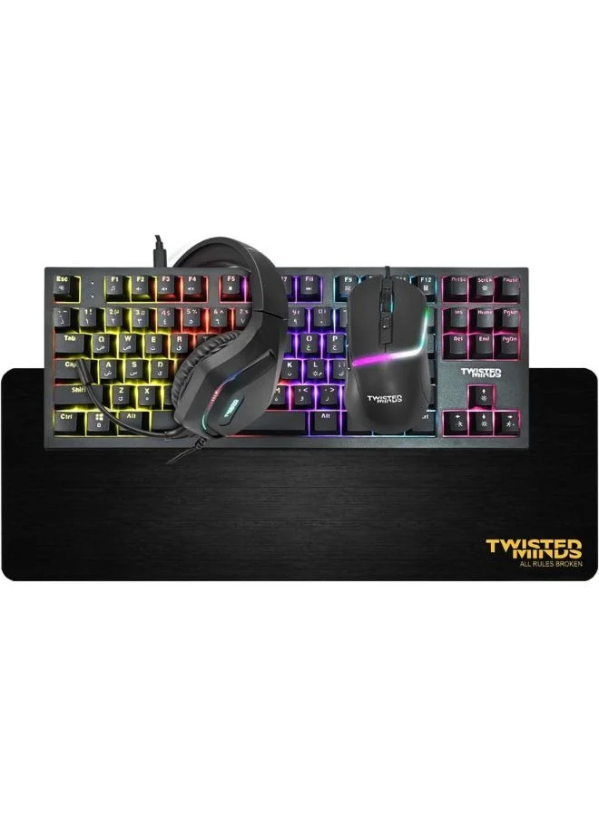 TWISTED MINDS 4-in-1 Gaming Bundle Mechanical Keyboard High-Precision Mouse RGB Headset XL Mouse Pad (USB Type C) ywony