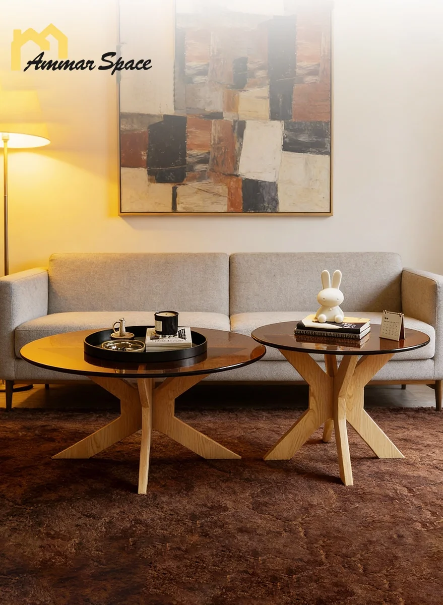 Ammar Space Modern Round Nesting Coffee Table Set (2-Piece, Glass Top with Wooden Legs) for Living Room and Office atrj3