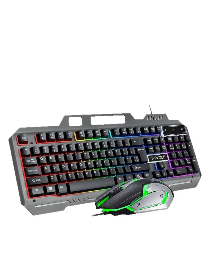 T-WOLF Wired USB Keyboard and Mouse Set with RGB Backlight and Integrated Phone Stand (Metallic Finish, Black) xl6eo