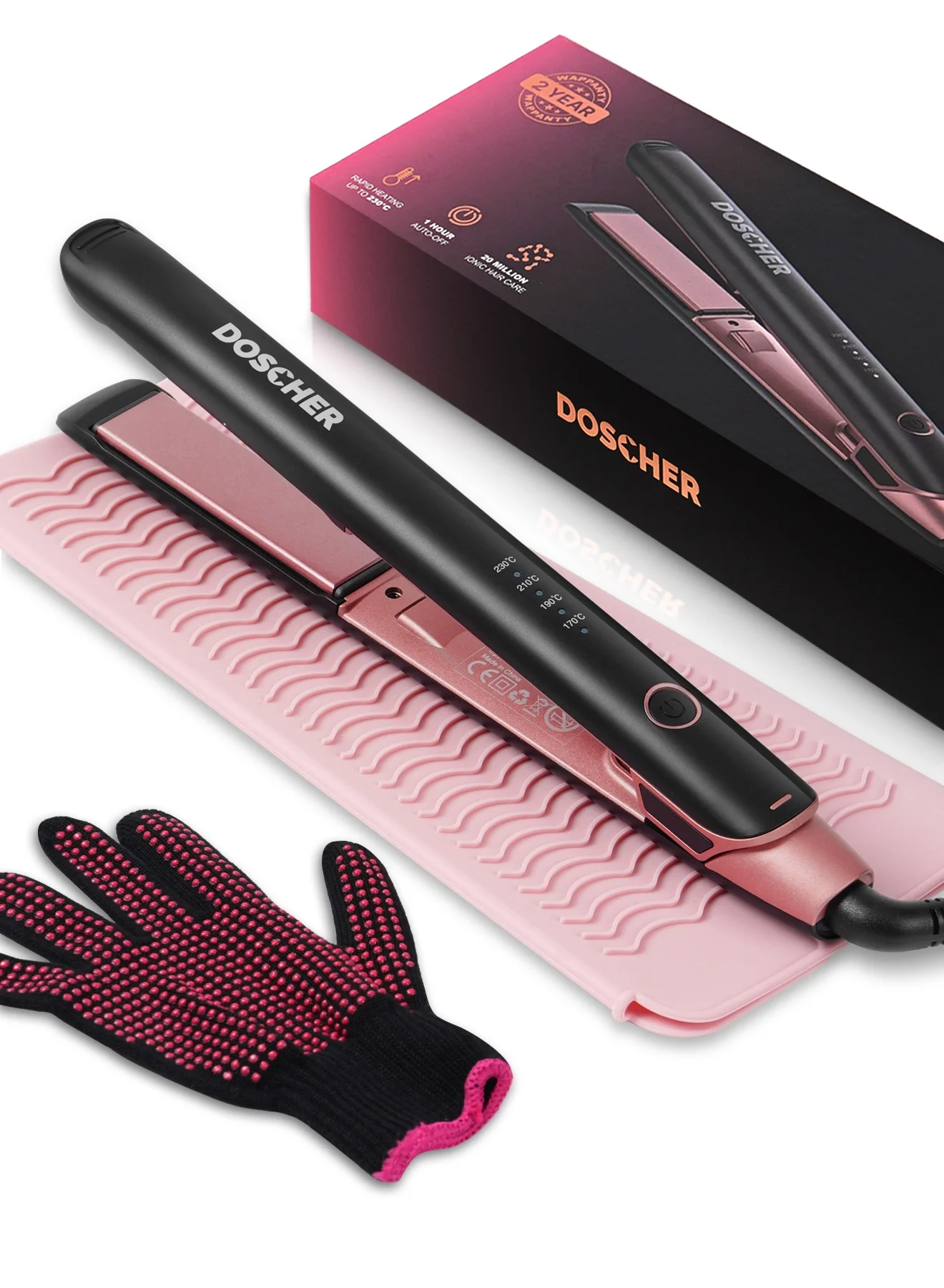 DOSCHER 2-in-1 Hair Straightener and Curler Ceramic Flat Iron with 4 Heat Settings (Up to 230¡ãC, Includes Silicone Pad and Gloves) 5e3d9