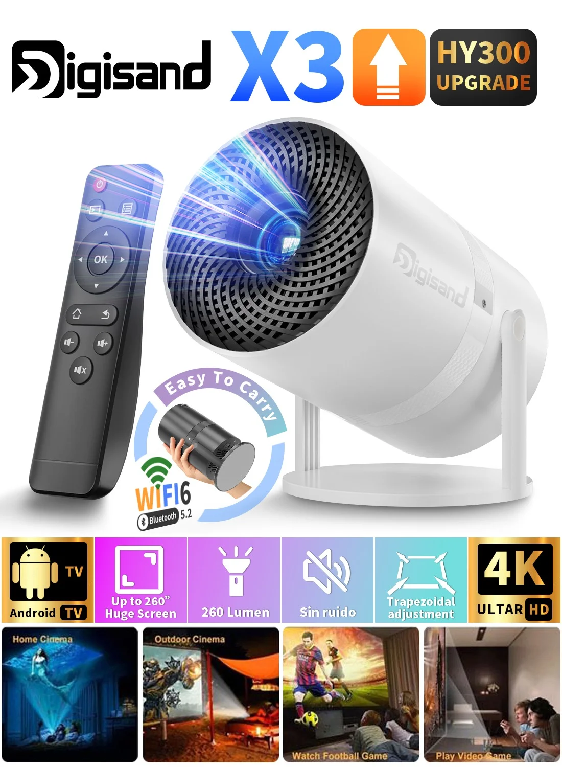 Digisand X3 Mini Portable Projector 1080P Ultra HD 5G WiFi Android 11 Smart Home Theater (180¡ã Rotating, 13000 Lumens) wjjhg