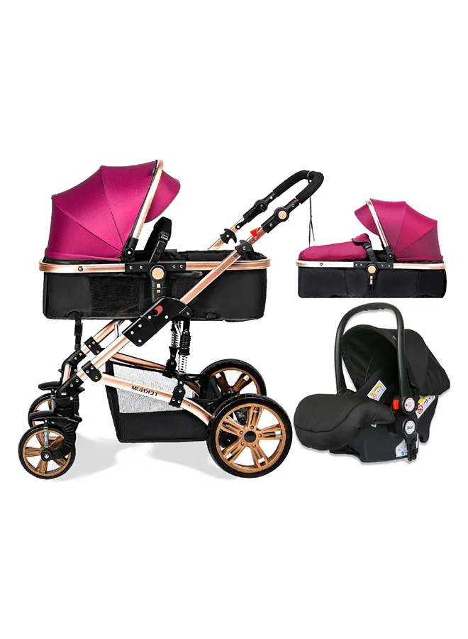 TEKNUM 3-in-1 Baby Stroller with Sleeping Bassinet and Extra Wide Seat (Wine, 18 kg Capacity) k2c2a