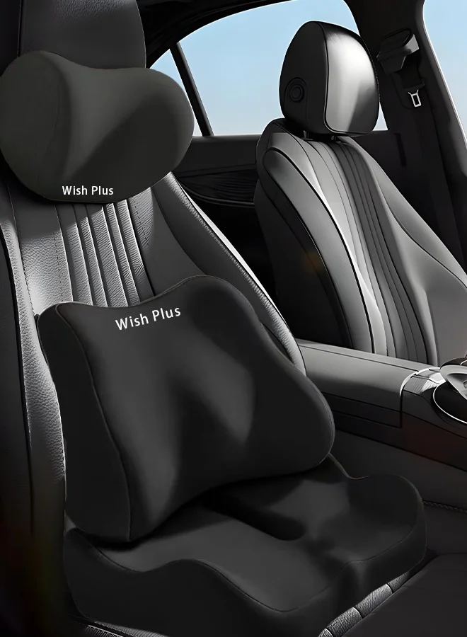 Wish Plus Car Lumbar Support and Neck Pillow Set, Premium Memory Foam Back Cushion and Headrest Kit for Automotive Interior (Black, 2-Piece Set) v6l9q