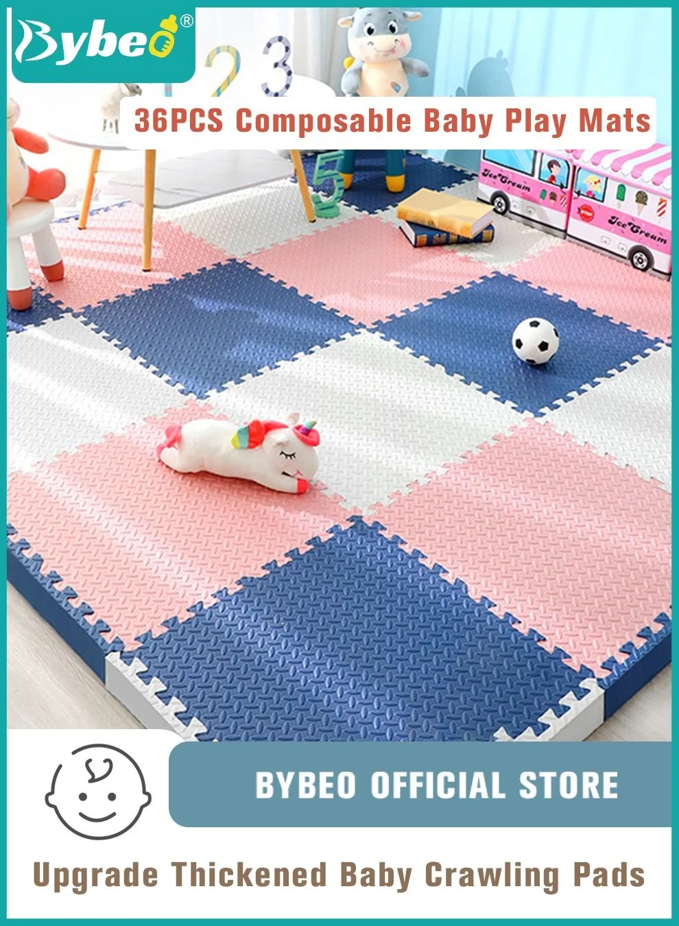 Bybeo Soft EVA Foam Baby Play Mat, Interlocking Crawling Tiles for Tummy Time & Playpen (36 Pieces, 30x30cm, 12mm) syh66