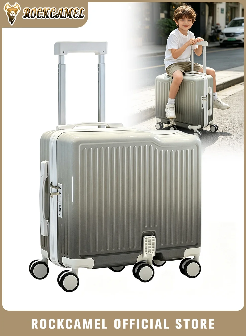 ROCKCAMEL Ride-on Kids Luggage 3-Layer PC Carry-on Suitcase with Adjustable Handle and Silent Wheels (Gradient Grey, 20 Inch) lpsoj