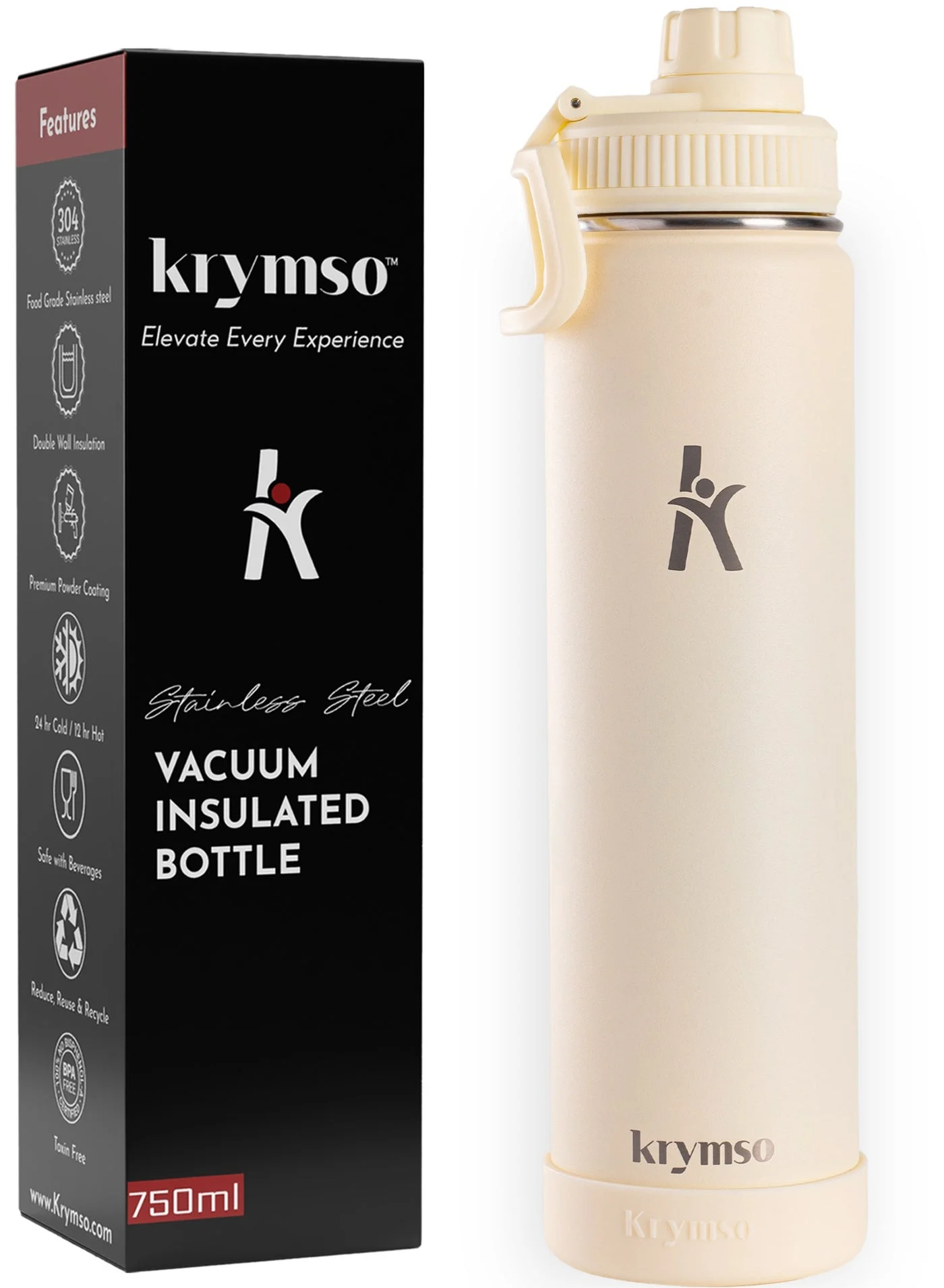 KRYMSO Stainless Steel Insulated Water Bottle, Double Wall Vacuum Flask, Leak Proof with Silicone Boot (750 mL) int1d
